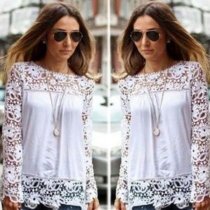 Embroidery Lace Sleeve Crochet  Sheer Chiffon Top